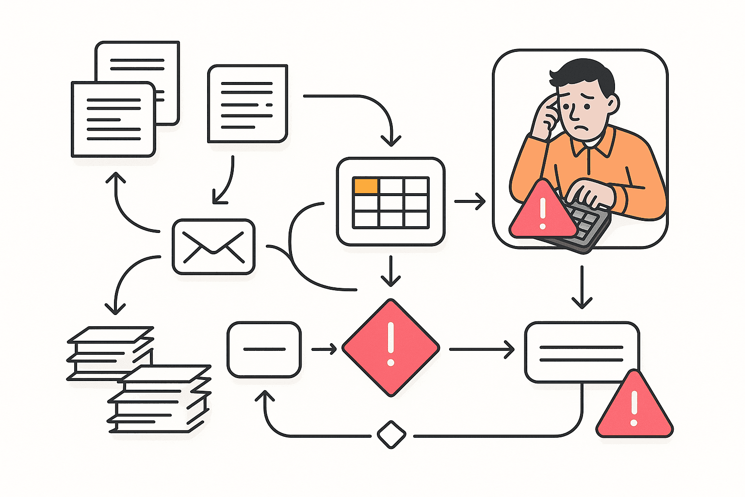 Diagram chaotycznego ręcznego procesu dekretacji faktur
