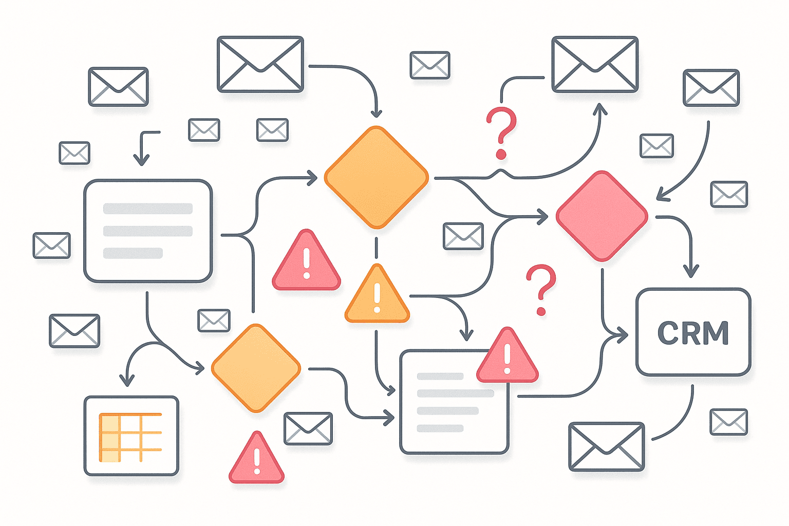 Diagram chaotycznego ręcznego procesu przetwarzania zapytań ofertowych z e-maili