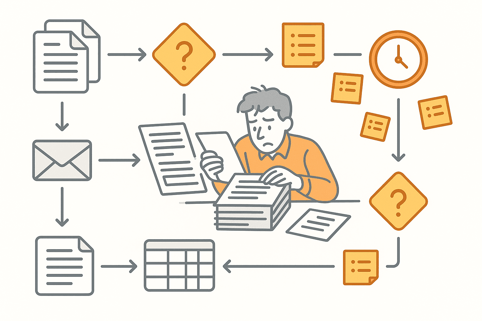 Diagram ręcznej analizy przetargów — chaos dokumentacji i terminów